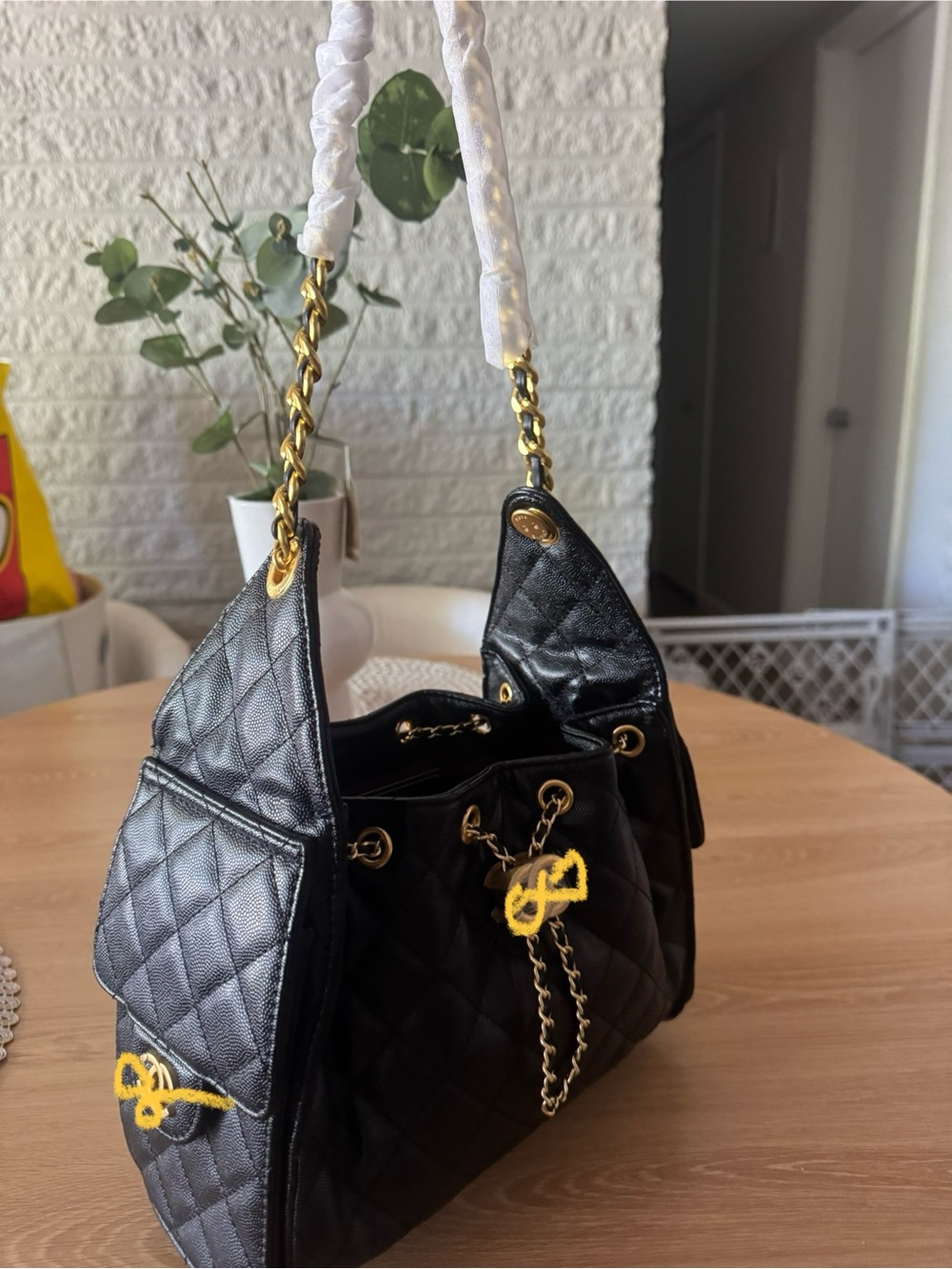 Black Chain-Handle Women's Shoulder Bag with Burgundy Interior